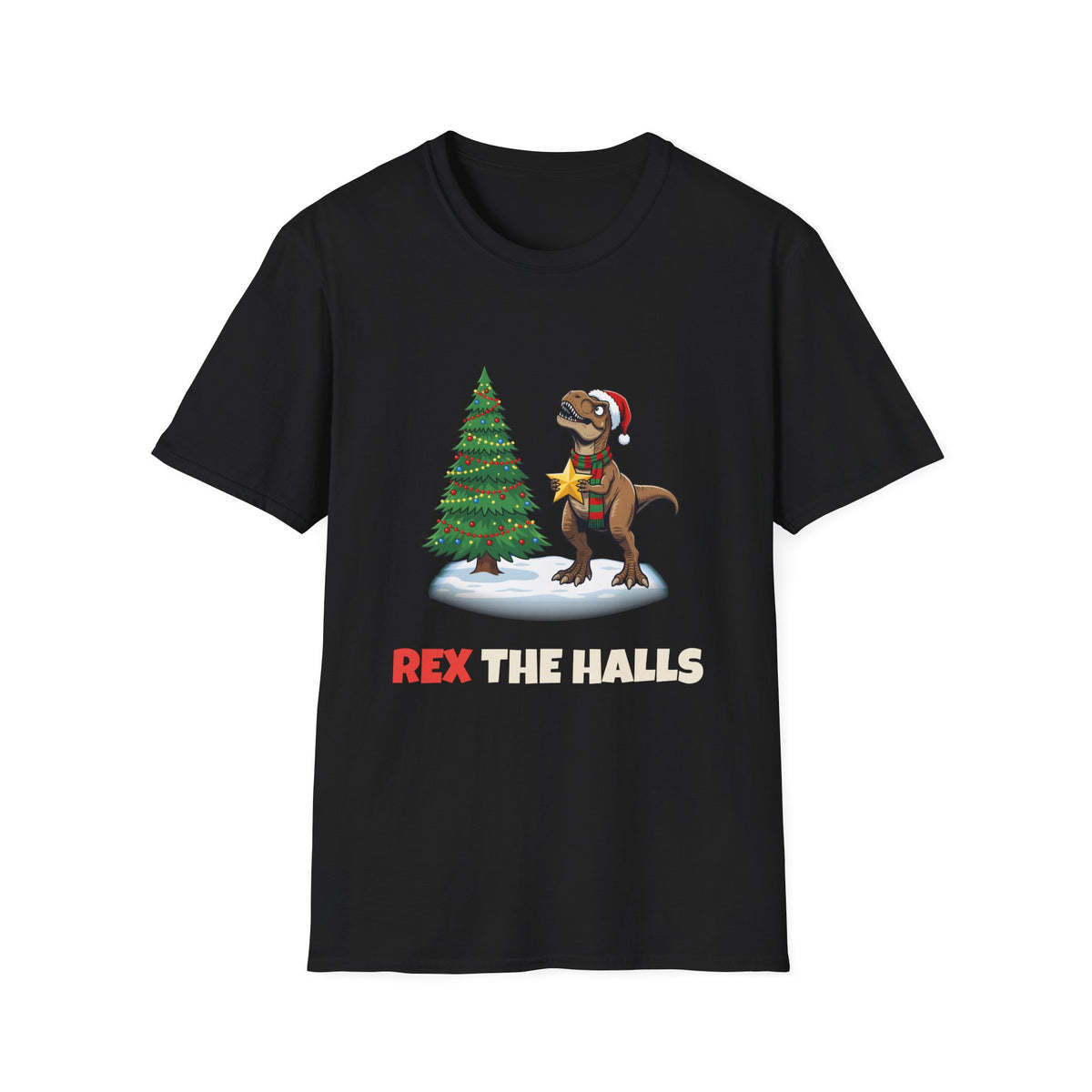 Rex the Halls Christmas t-shirt in Black, front view