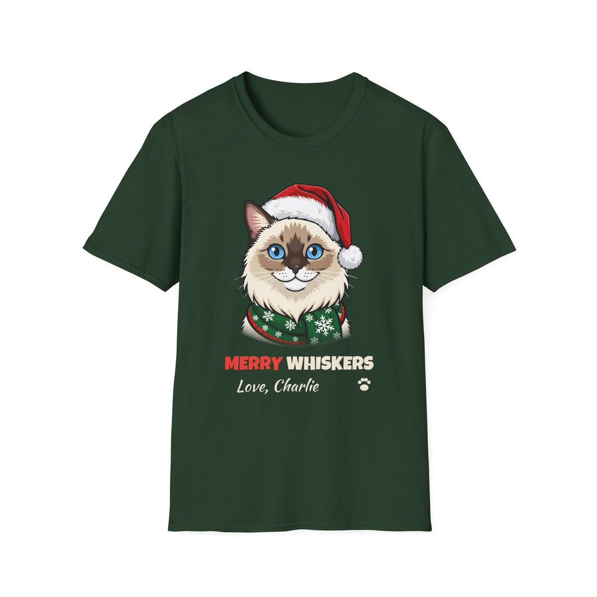 Merry Whiskers Ragdoll Cat Christmas t-shirt in Forest Green, front view