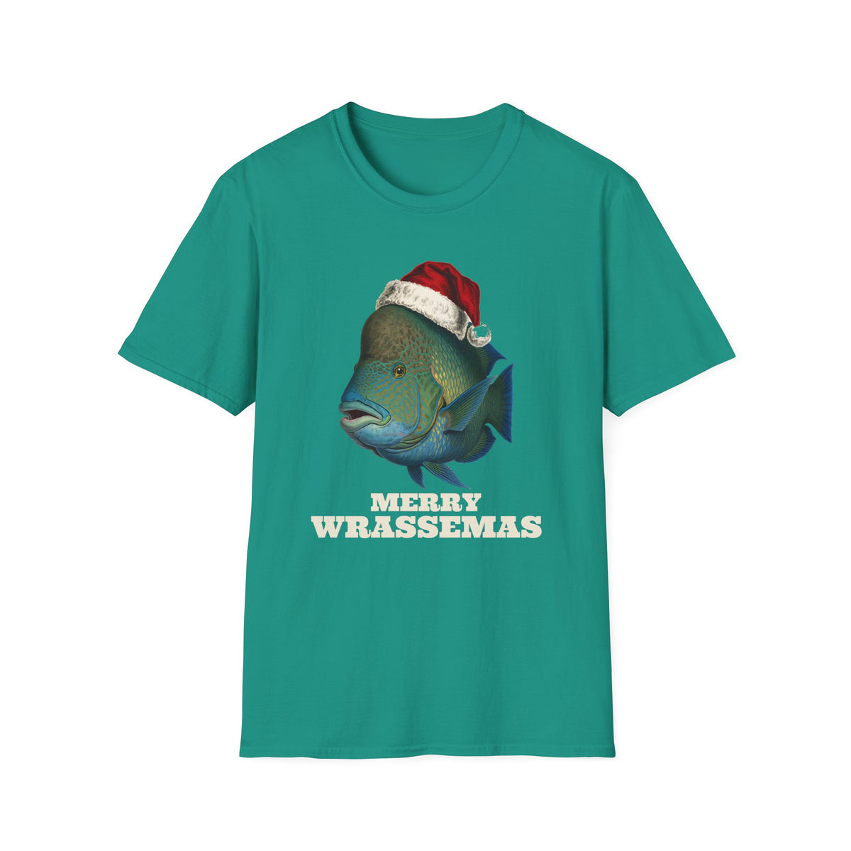 Merry Wrassemas t-shirt in Jade Dome, front view