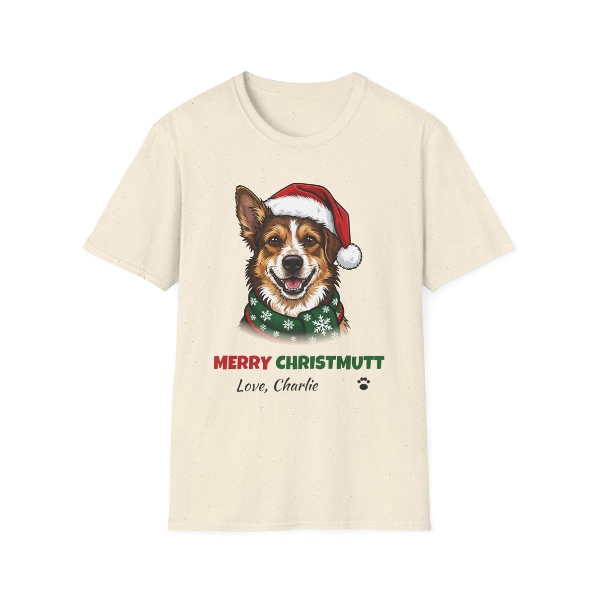 Merry Christmutt Mixed Breed Christmas t-shirt in Natural, front view