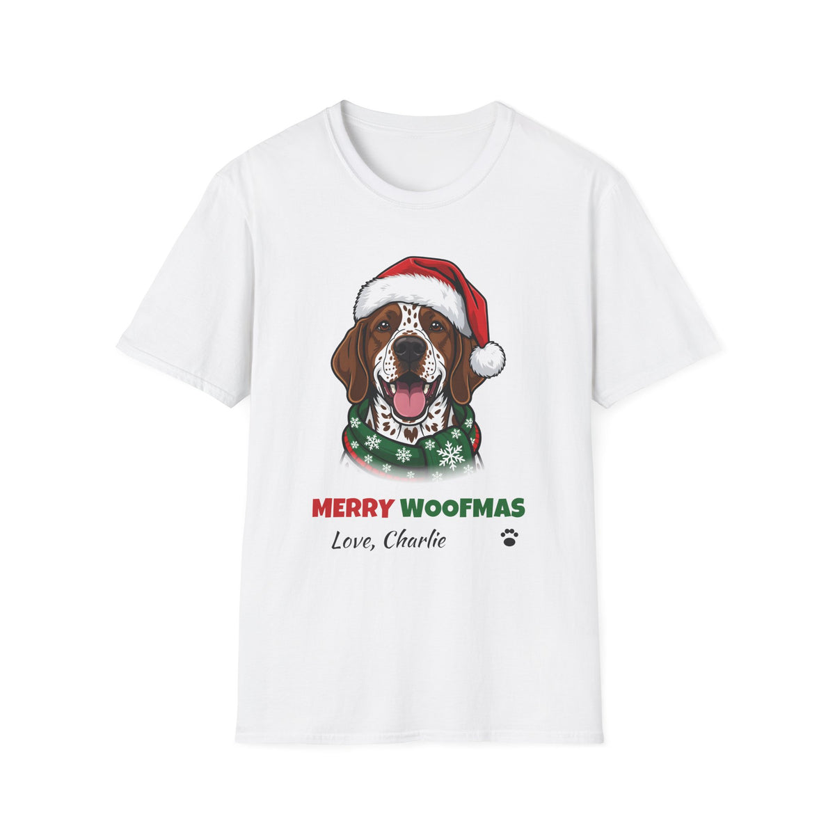 Merry Woofmas German Shorthaired Pointer Christmas t-shirt in White, front view