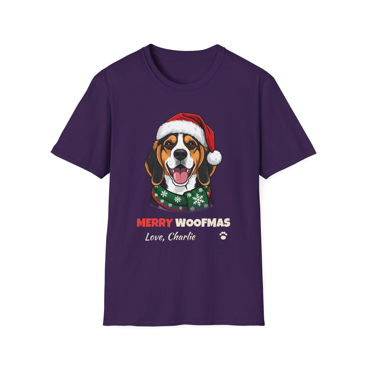 Merry Woofmas Beagle Christmas t-shirt in Purple, front view
