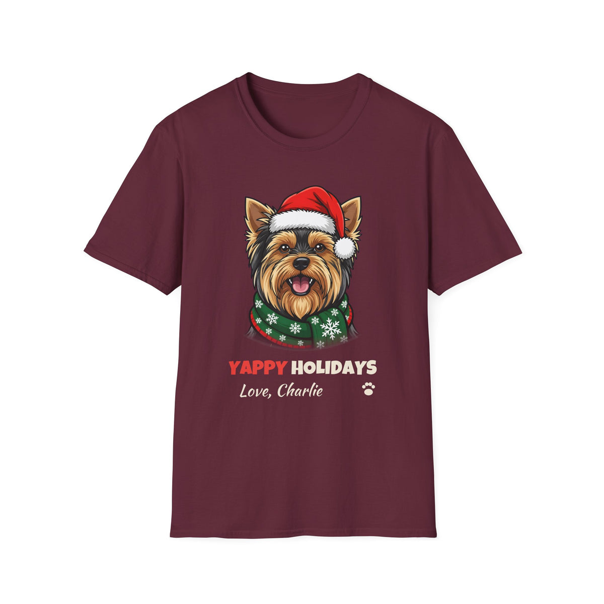 Yappy Holidays Yorkshire Terrier Christmas t-shirt in Maroon, front view