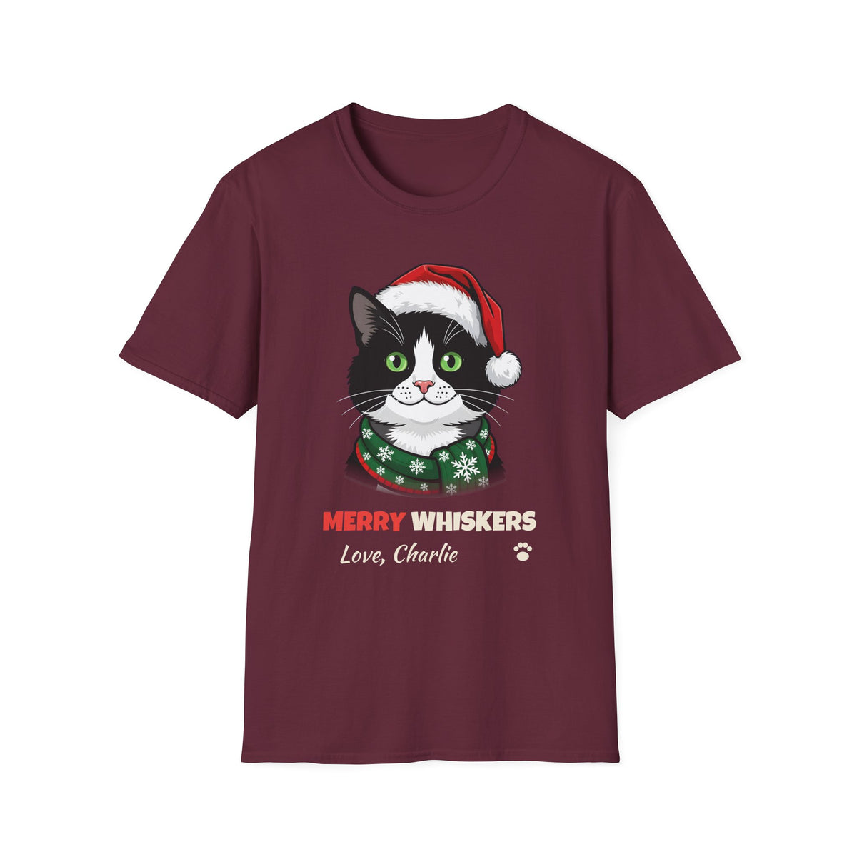 Merry Whiskers Tuxedo Cat Christmas t-shirt in Maroon, front view