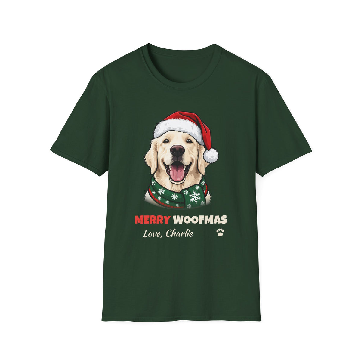Merry Woofmas English Cream Golden Retriever Christmas t-shirt in Forest Green, front view