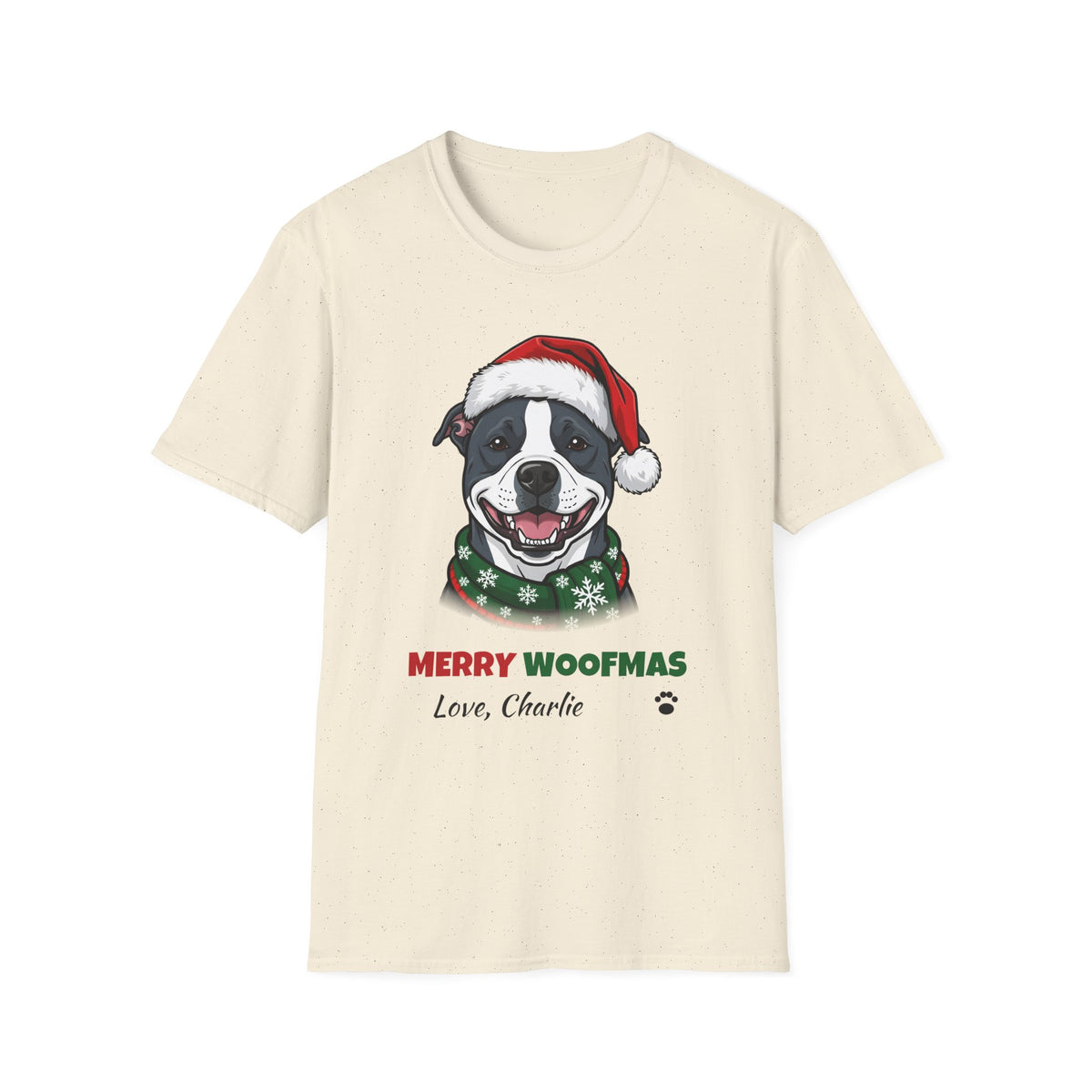 Merry Woofmas Blue Pit Bull Christmas t-shirt in Natural, front view