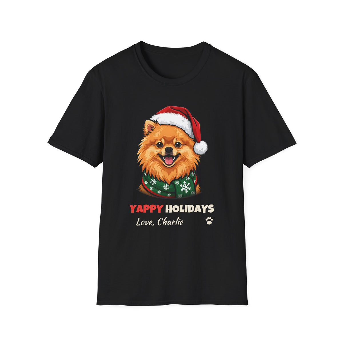 Yappy Holidays Pomeranian Christmas t-shirt in Black, front view