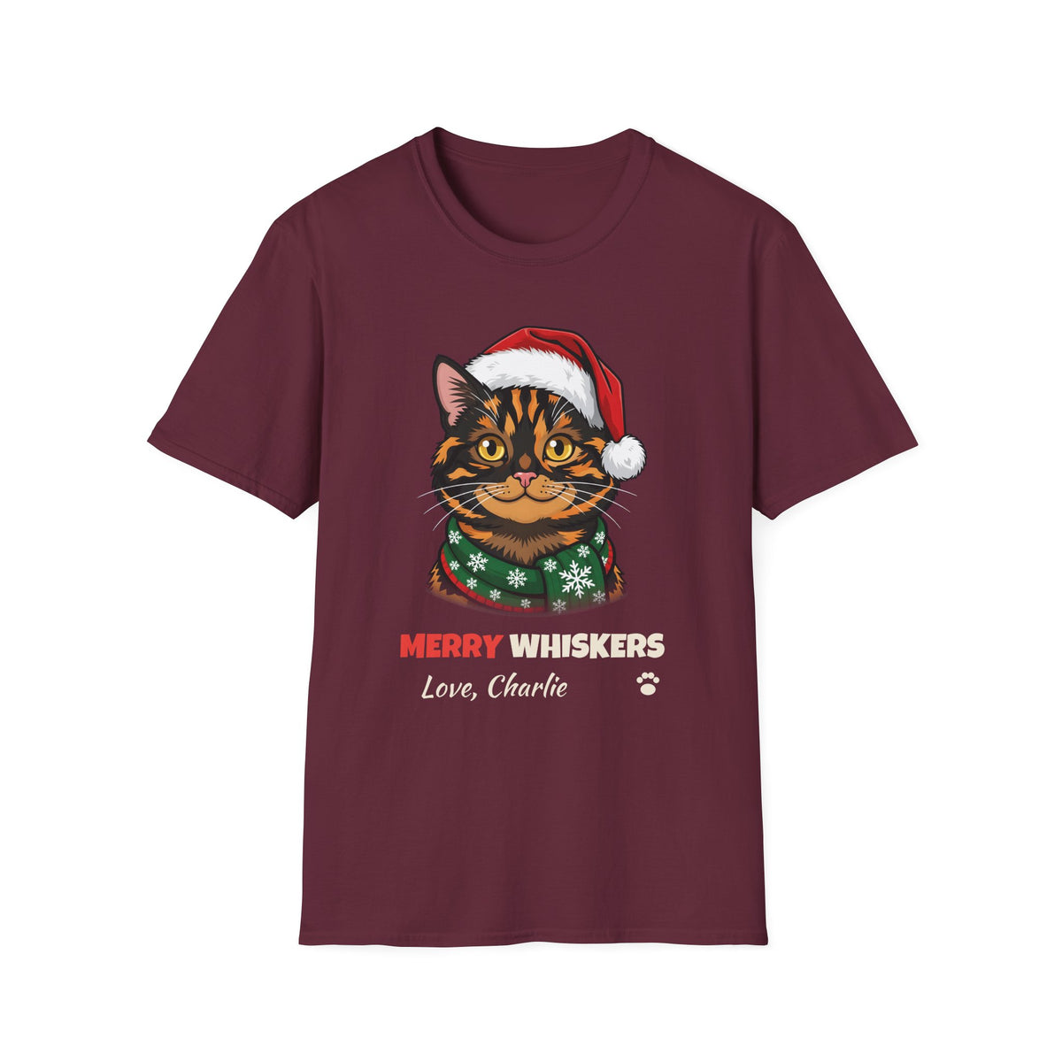Merry Whiskers Tortoiseshell Cat Christmas t-shirt in Maroon, front view