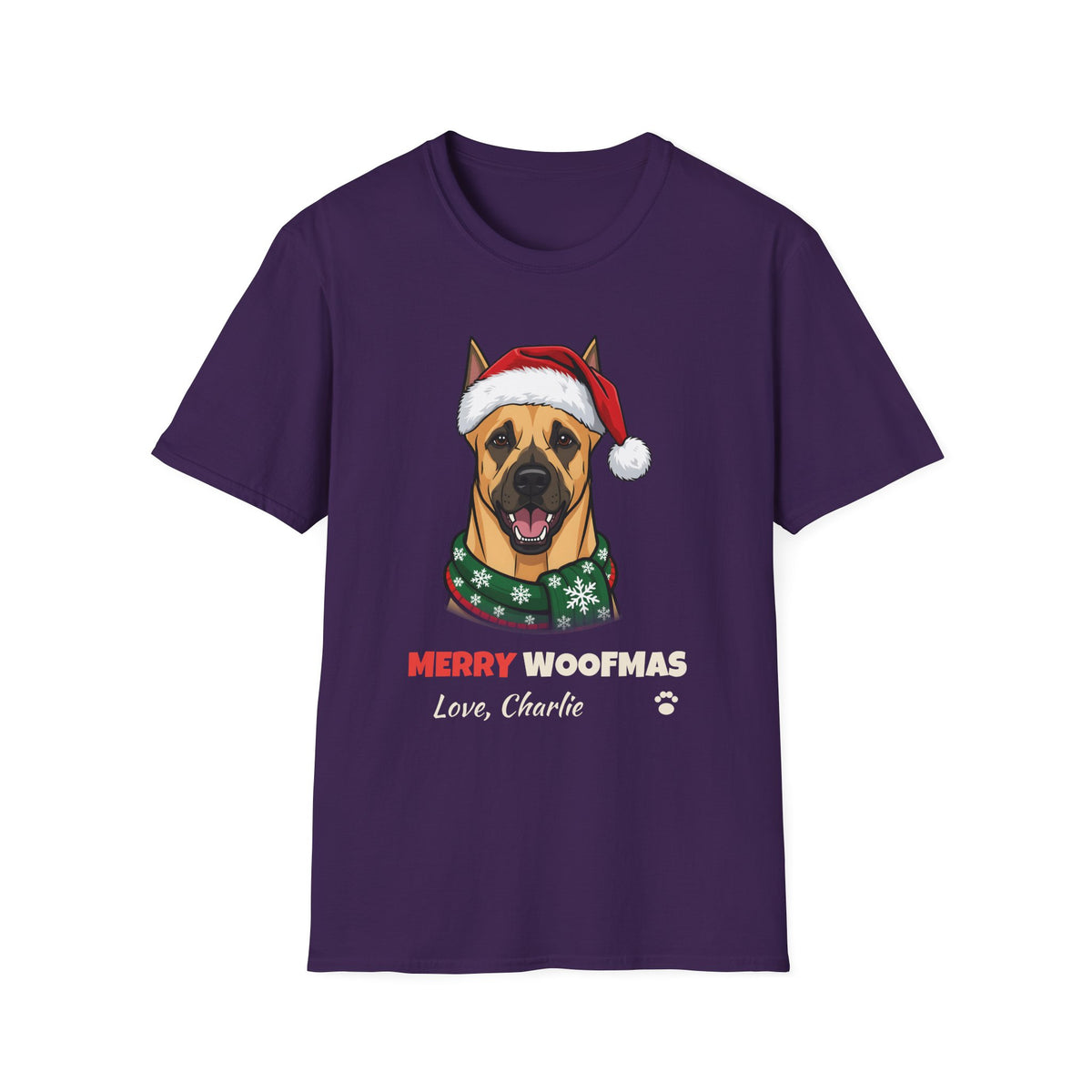 Merry Woofmas Great Dane Christmas t-shirt in Purple, front view