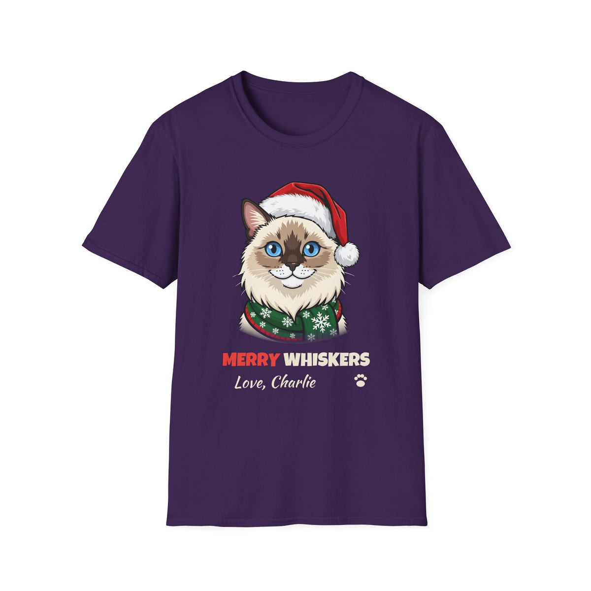 Merry Whiskers Ragdoll Cat Christmas t-shirt in Purple, front view