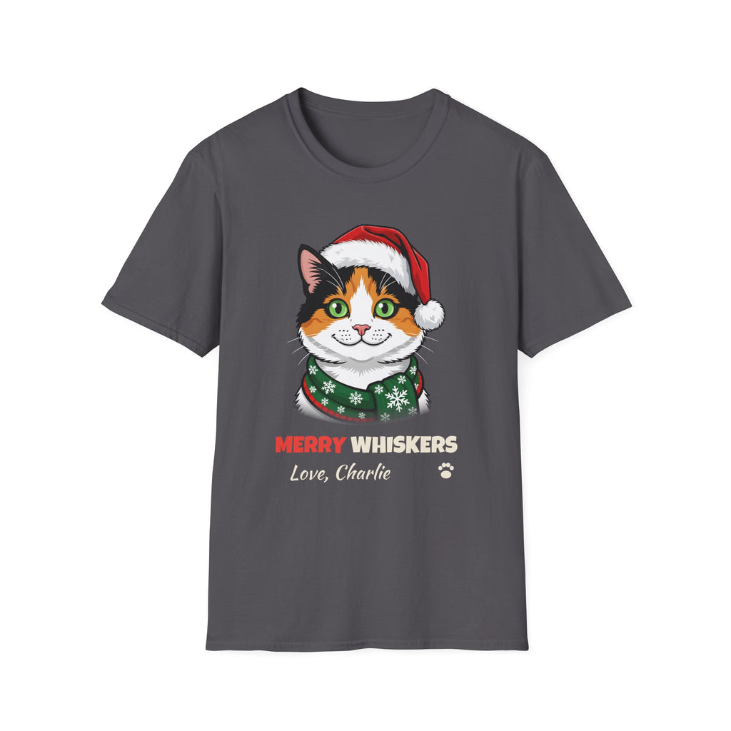 Merry Whiskers Calico Cat Christmas t-shirt in Charcoal, front view