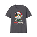 Merry Whiskers Calico Cat Christmas t-shirt in Charcoal, front view