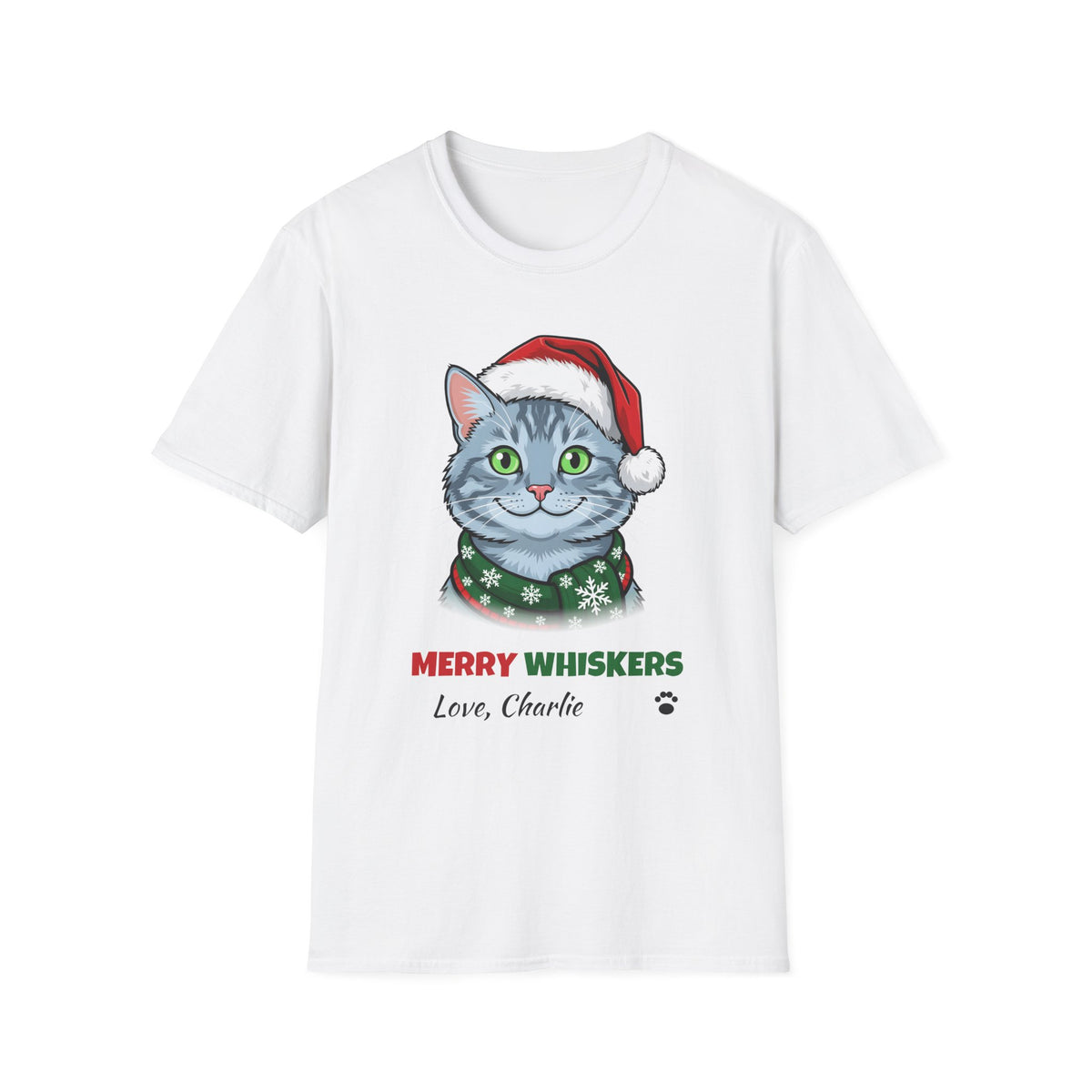 Merry Whiskers Gray Cat Christmas t-shirt in White, front view