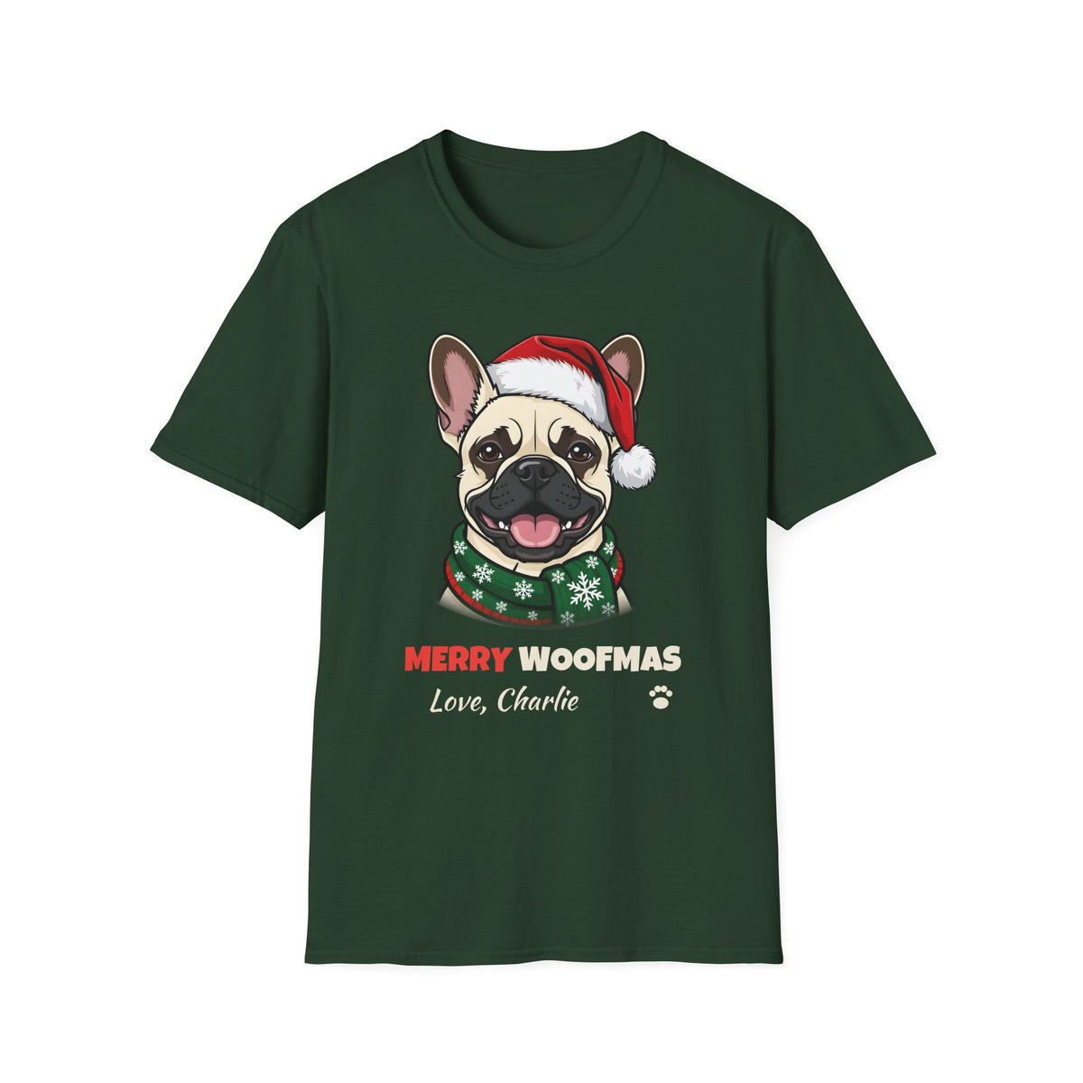Merry Woofmas Cream French Bulldog Christmas t-shirt in Forest Green, front view