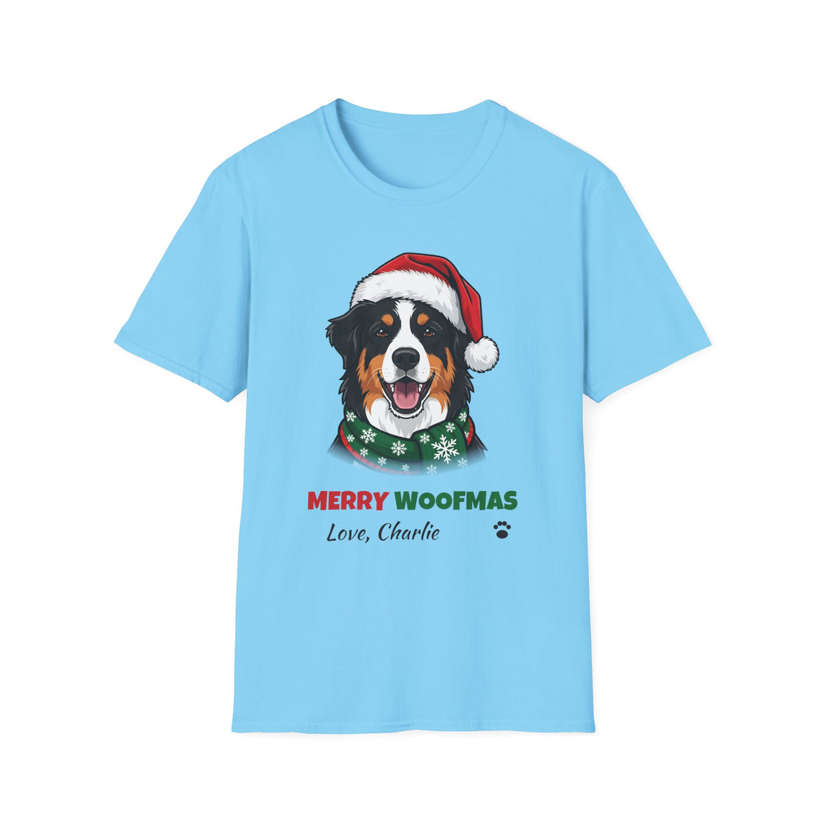 Merry Woofmas Australian Shepherd Christmas t-shirt in Sky, front view