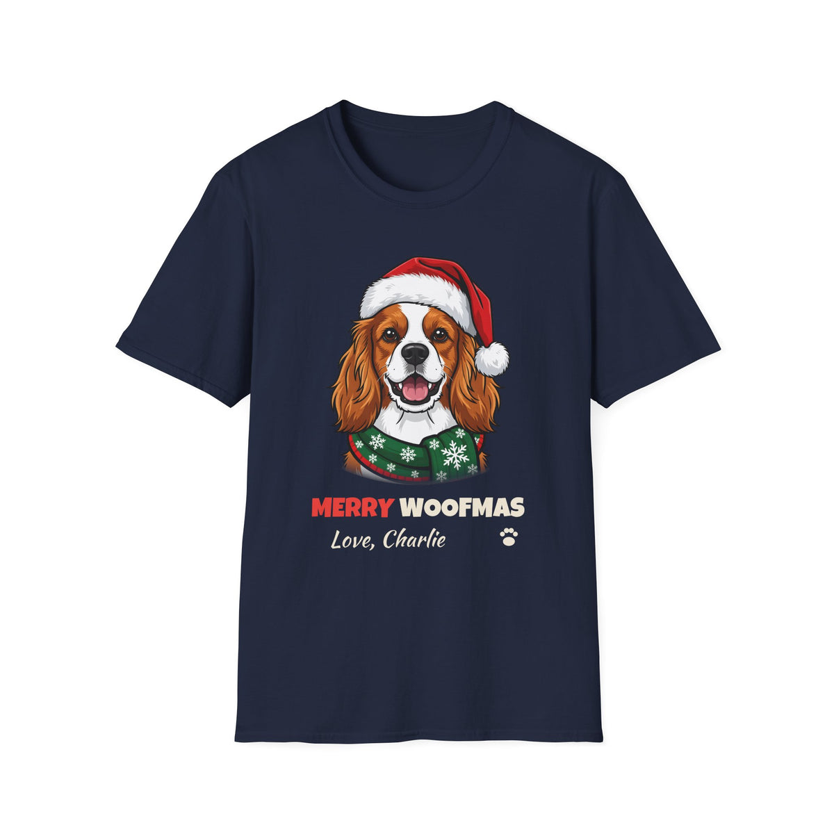 Merry Woofmas Cavalier King Charles Spaniel Christmas t-shirt in Navy, front view