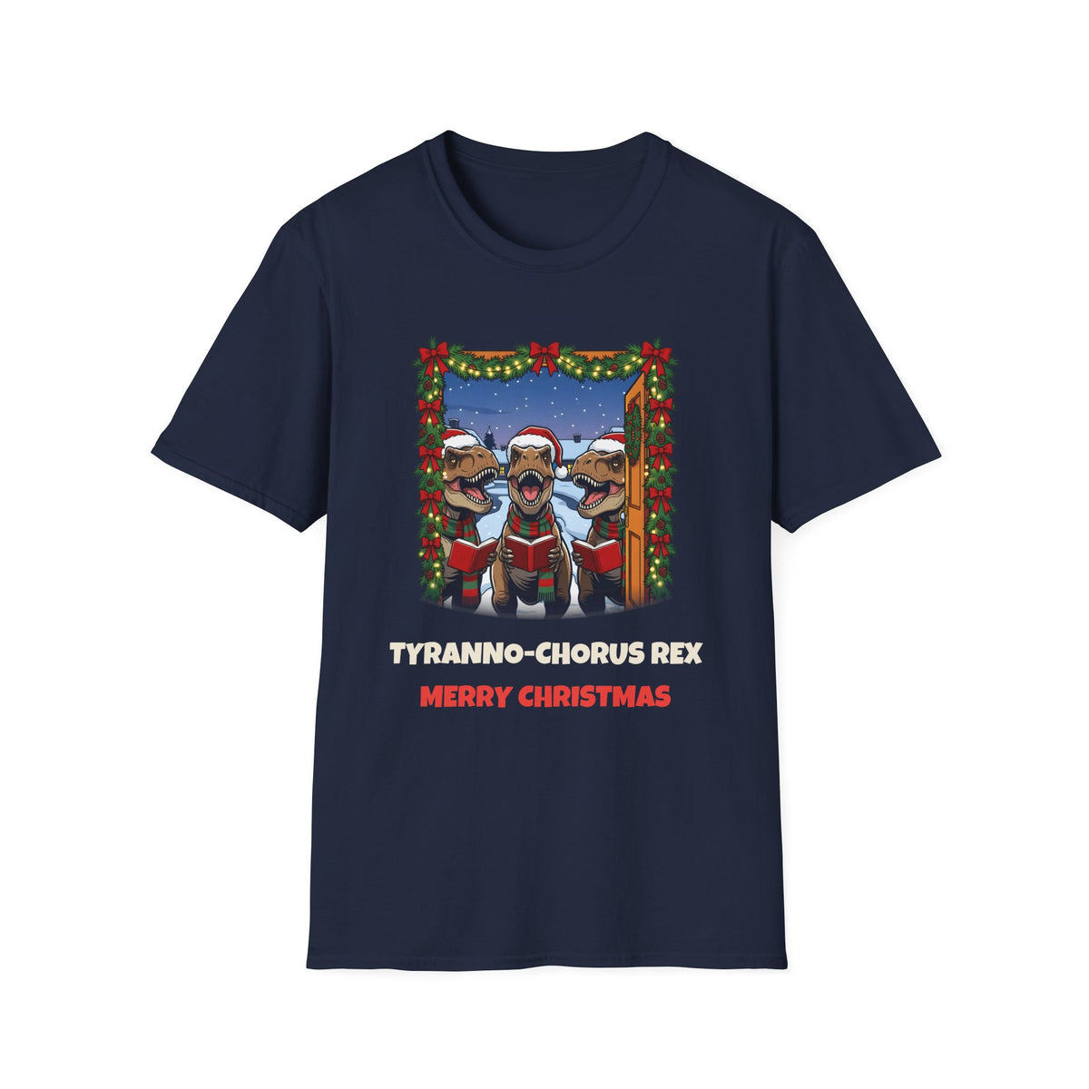Tyranno-Chorus Rex Christmas t-shirt in Navy, front view