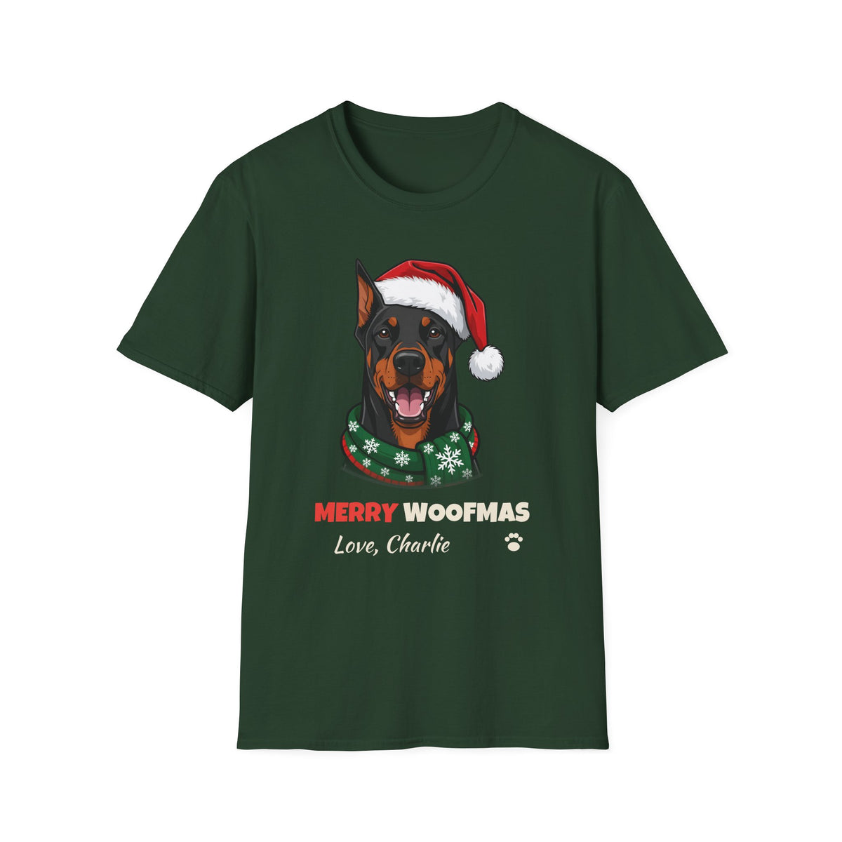 Merry Woofmas Doberman Christmas t-shirt in Forest Green, front view