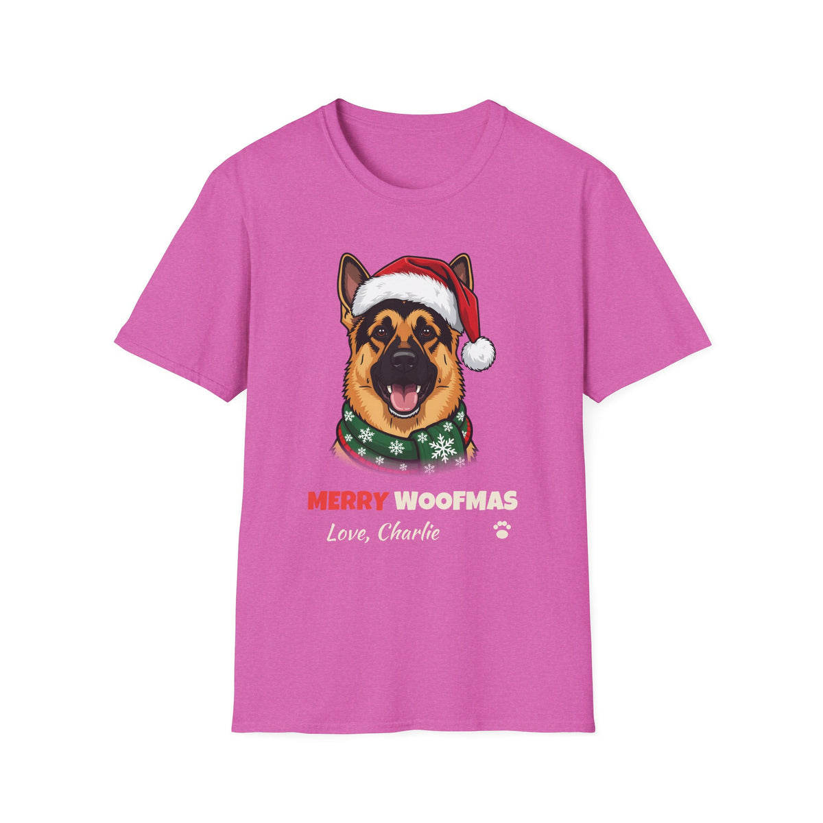 Merry Woofmas German Shepherd Christmas t-shirt in Heather Berry, front view