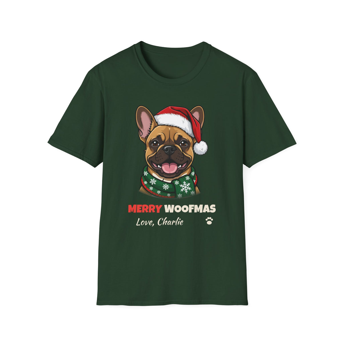 Merry Woofmas French Bulldog Christmas t-shirt in Forest Green, front view