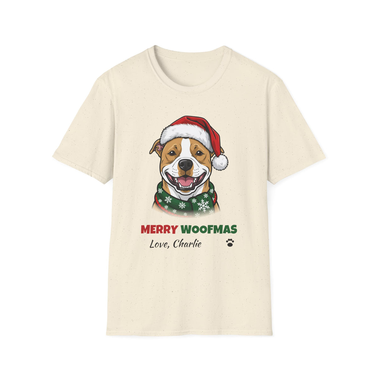 Merry Woofmas Pit Bull Christmas t-shirt in Natural, front view