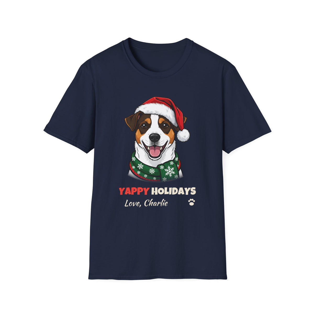 Yappy Holidays Jack Russell Terrier Christmas t-shirt in Navy, front view