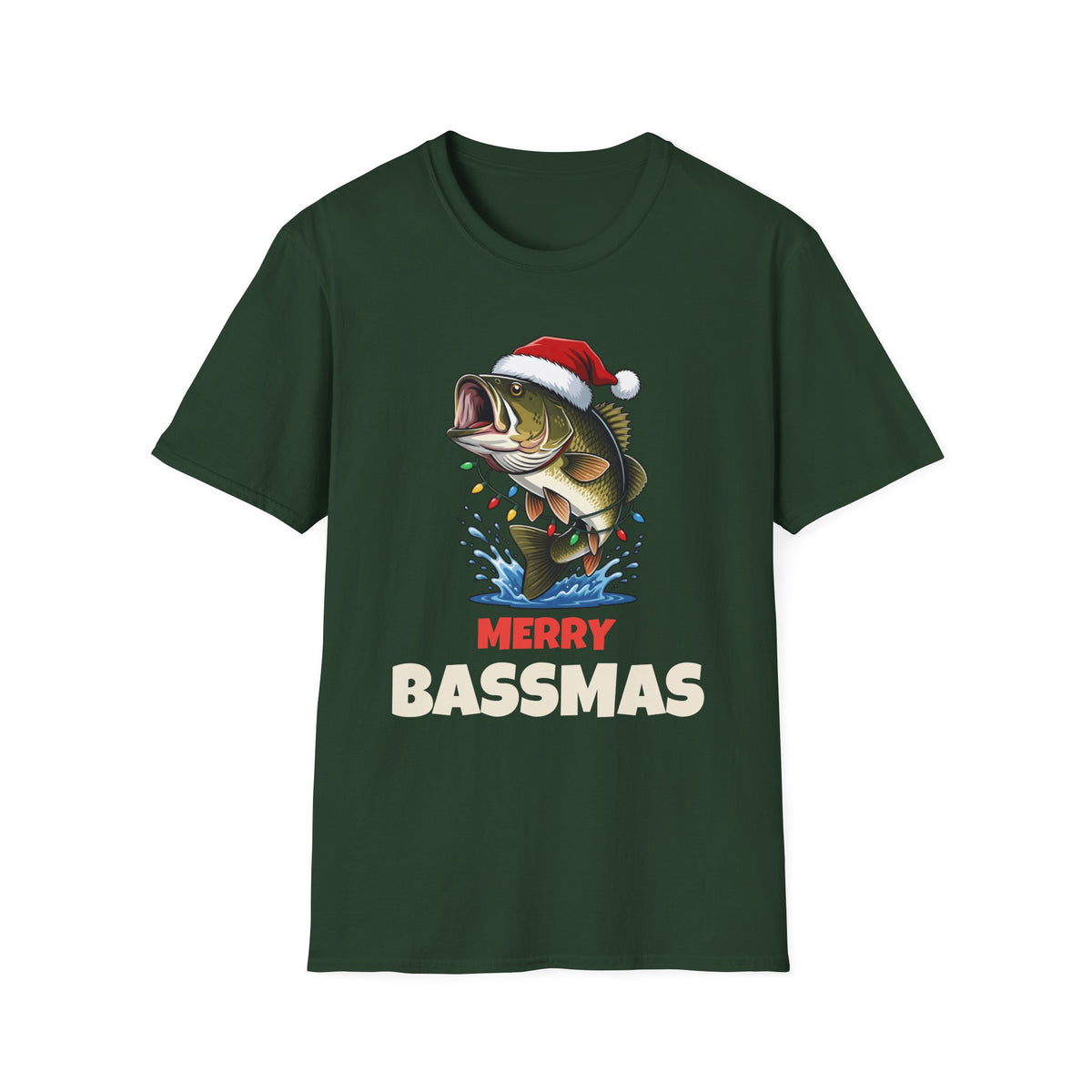 Merry Bassmas Christmas t-shirt in Forest Green, front view