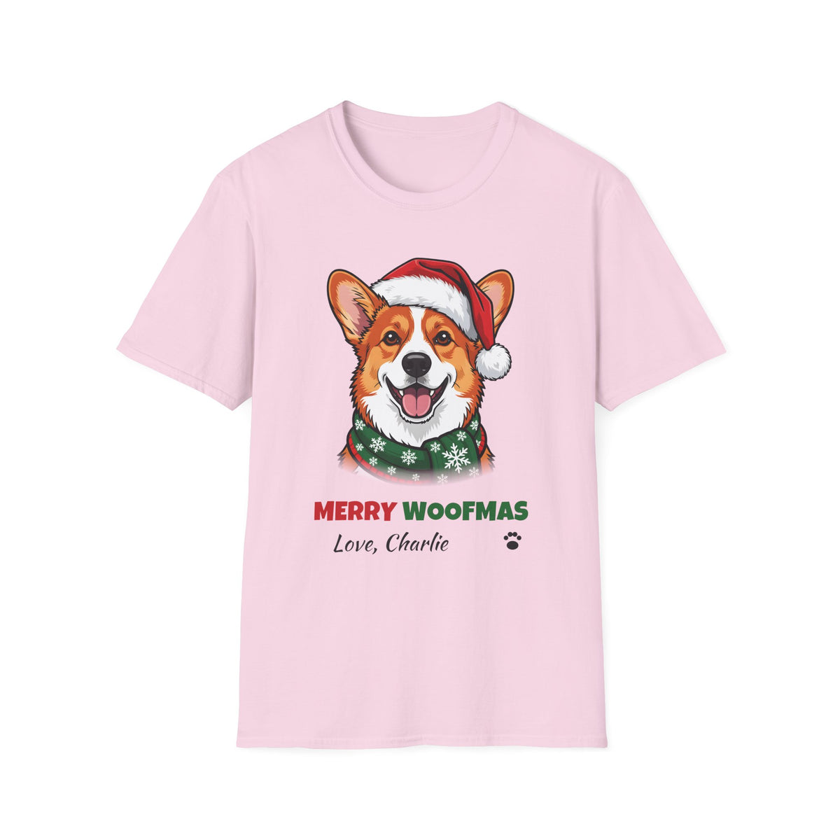 Merry Woofmas Corgi Christmas t-shirt in Light Pink, front view