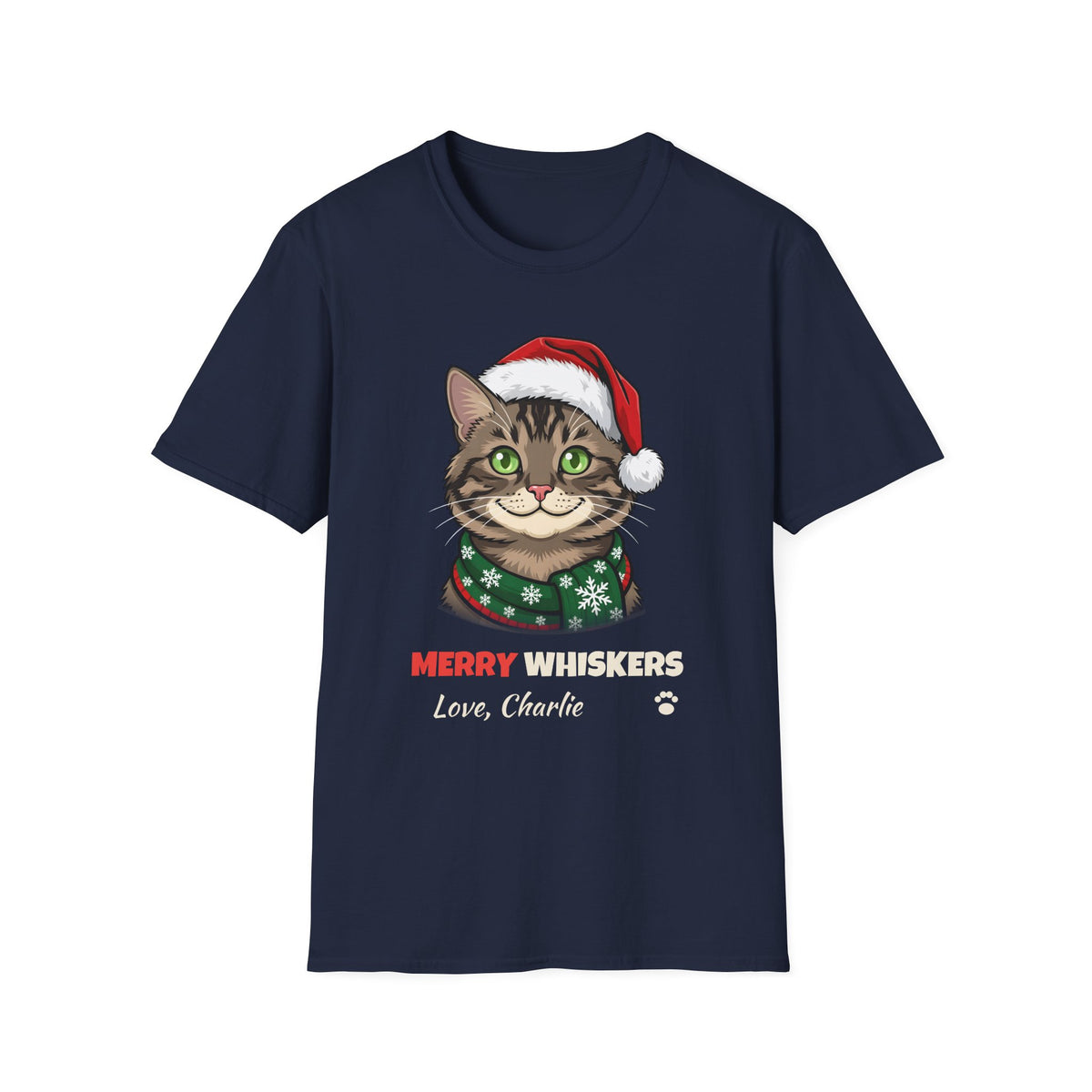 Merry Whiskers Brown Tabby Cat Christmas t-shirt in Navy, front view