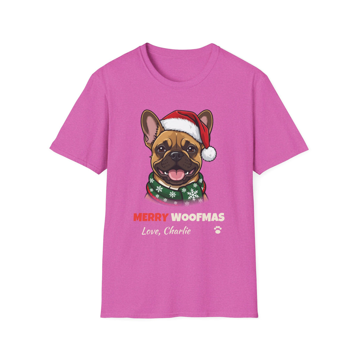 Merry Woofmas French Bulldog Christmas t-shirt in Heather Berry, front view