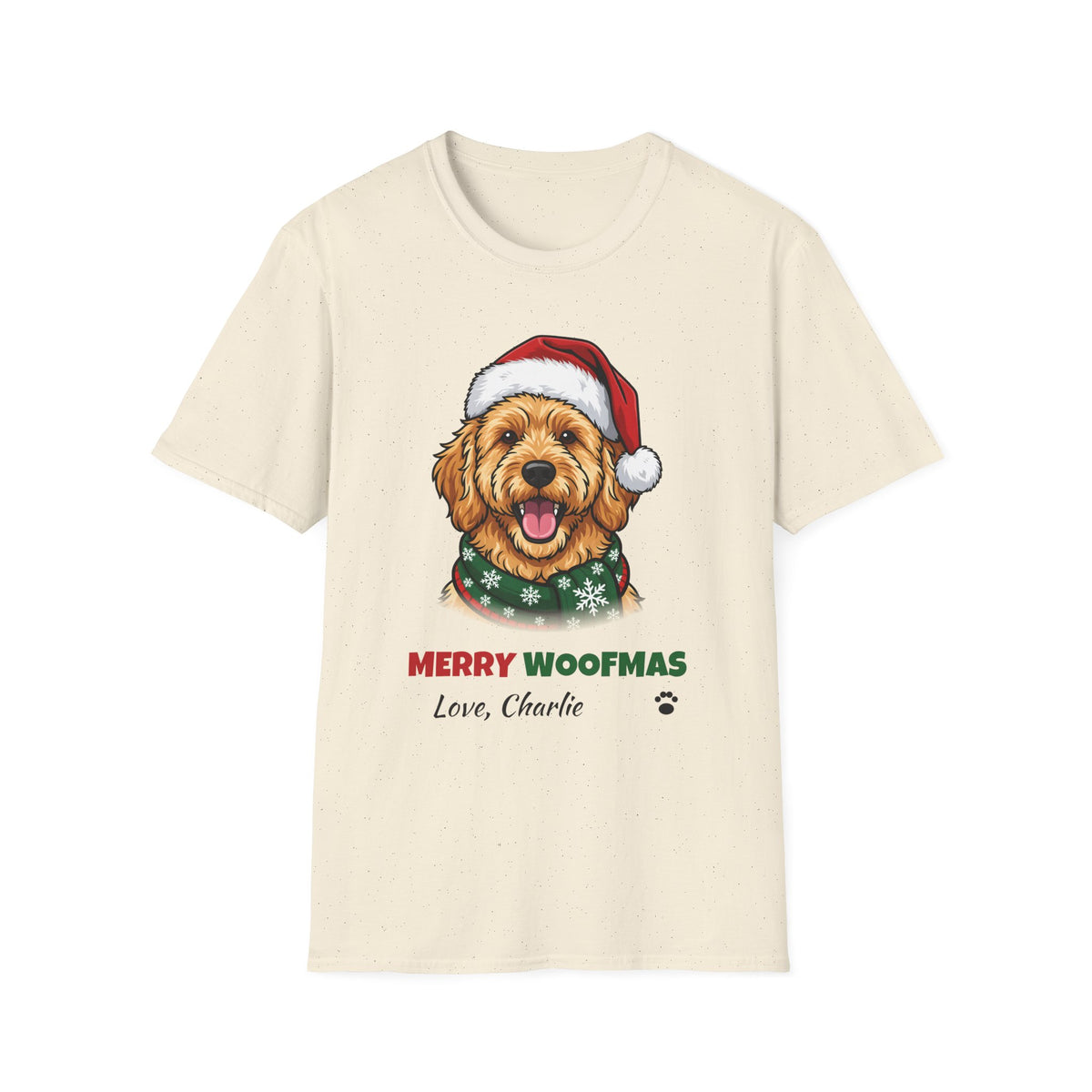Merry Woofmas Goldendoodle Christmas t-shirt in Natural, front view
