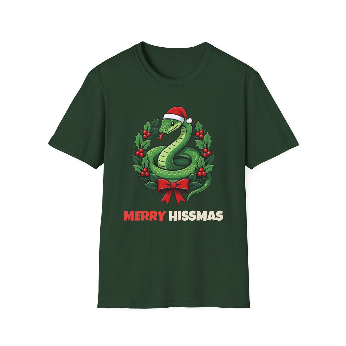 Merry Hissmas Christmas t-shirt in Forest Green, front view