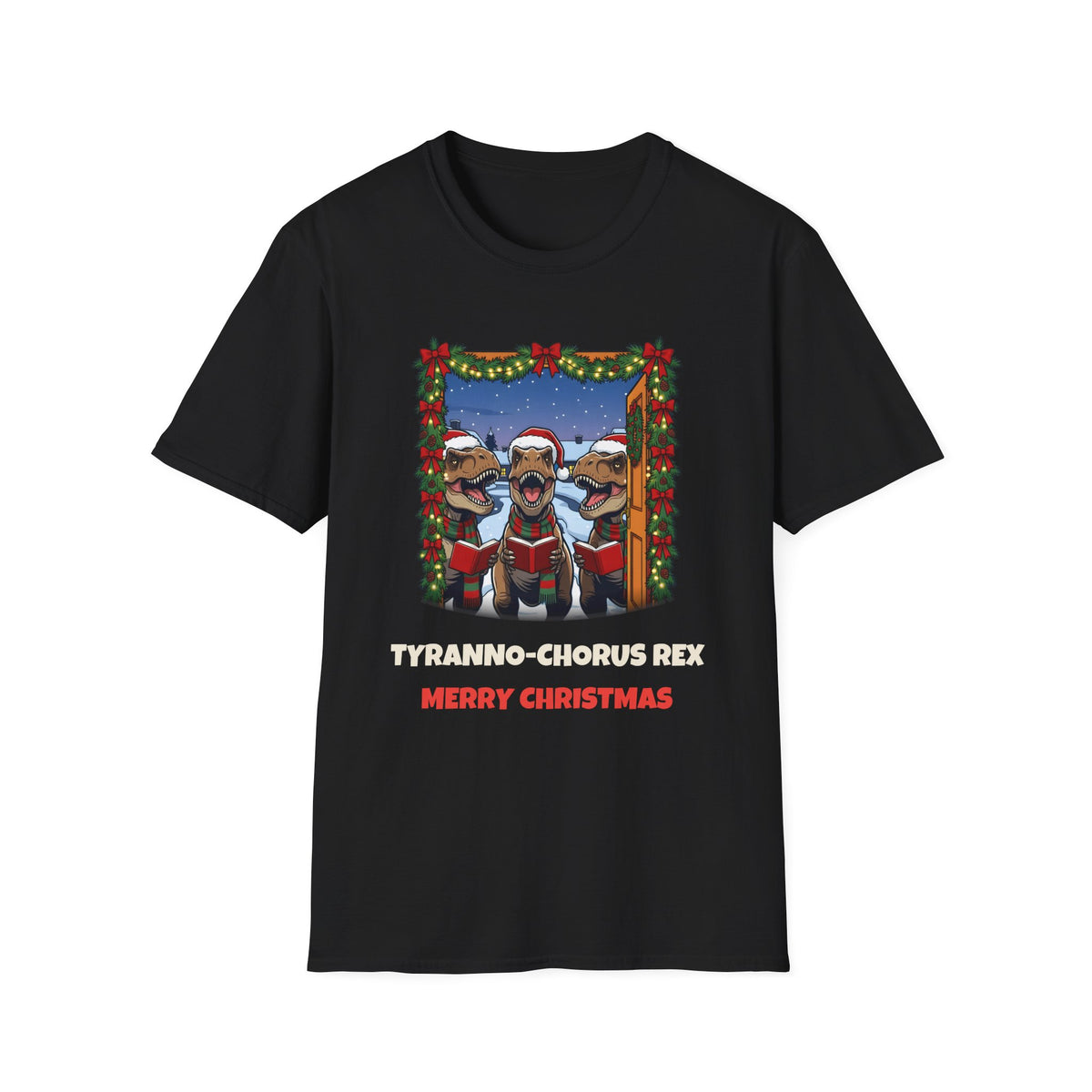 Tyranno-Chorus Rex Christmas t-shirt in Black, front view