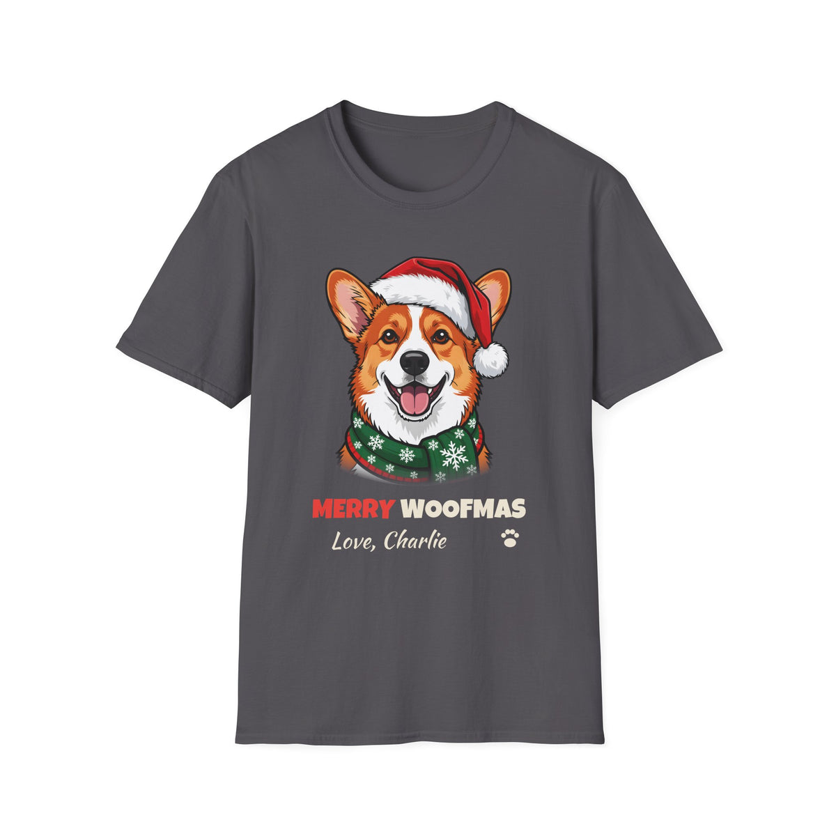 Merry Woofmas Corgi Christmas t-shirt in Charcoal, front view