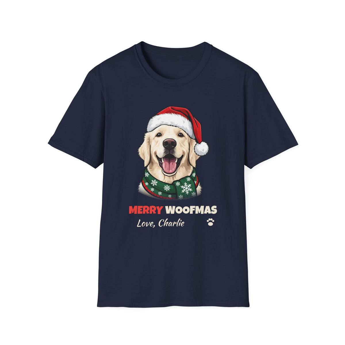 Merry Woofmas English Cream Golden Retriever Christmas t-shirt in Navy, front view
