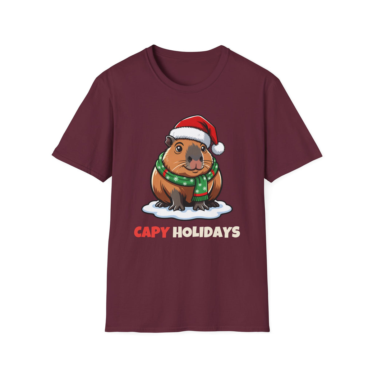 Capy Holidays Christmas t-shirt in Maroon, front view