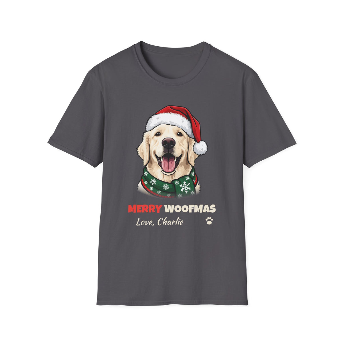 Merry Woofmas English Cream Golden Retriever Christmas t-shirt in Charcoal, front view