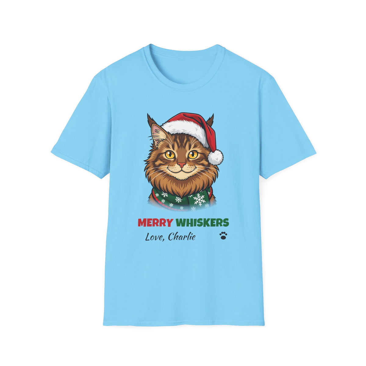 Merry Whiskers Maine Coon Cat Christmas t-shirt in Sky, front view