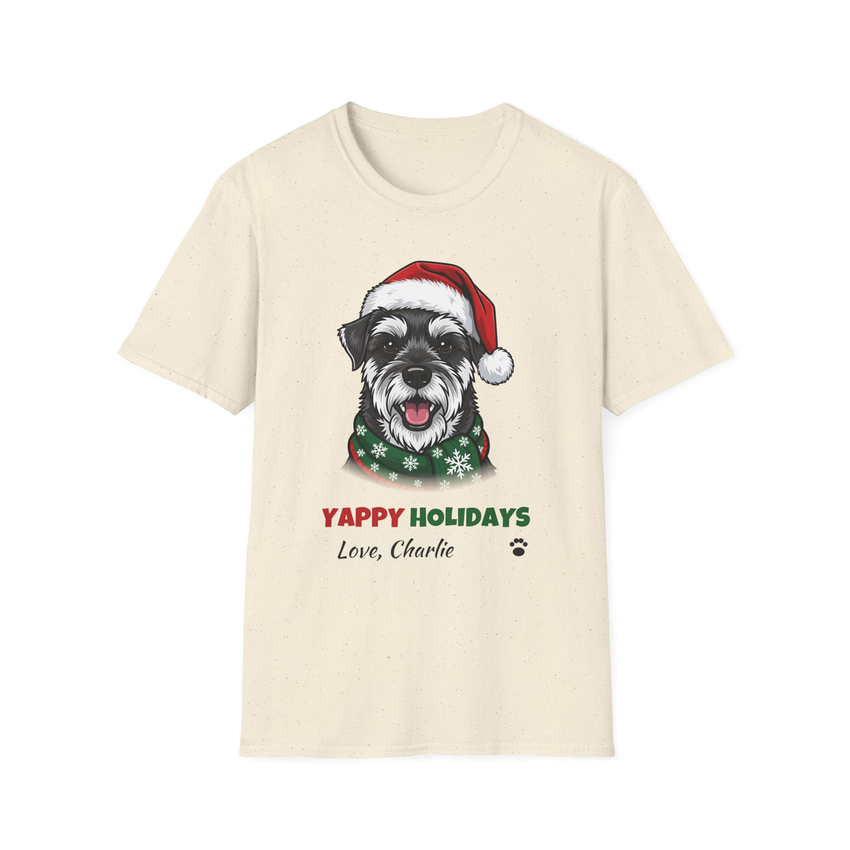 Yappy Holidays Miniature Schnauzer Christmas t-shirt in Natural, front view