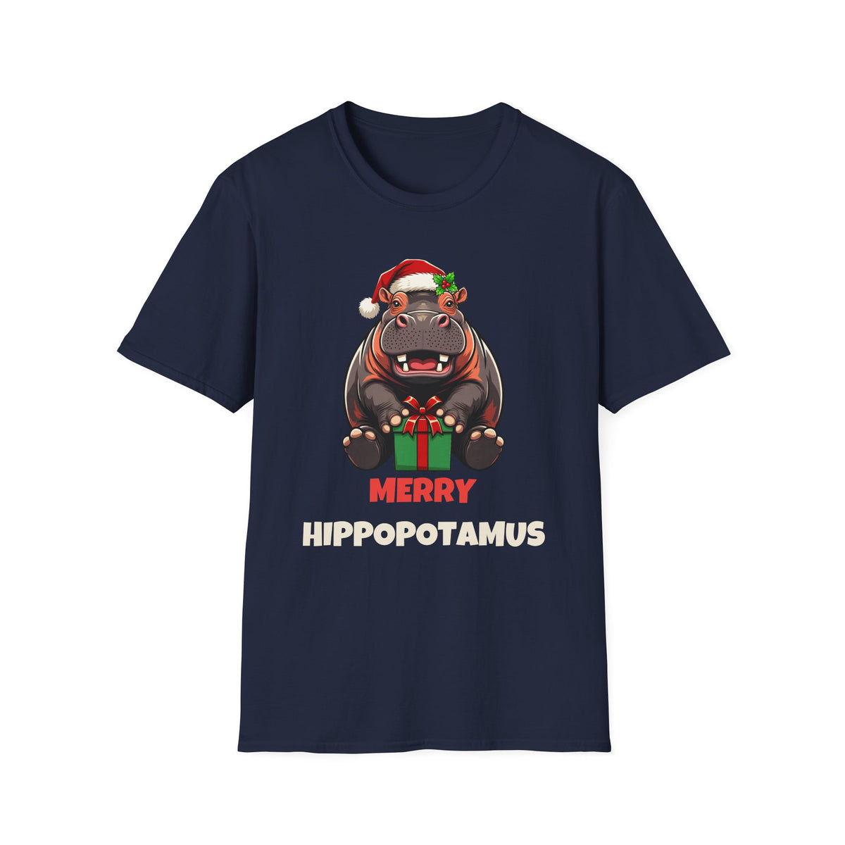 Merry Hippopotamus Christmas t-shirt in Navy, front view