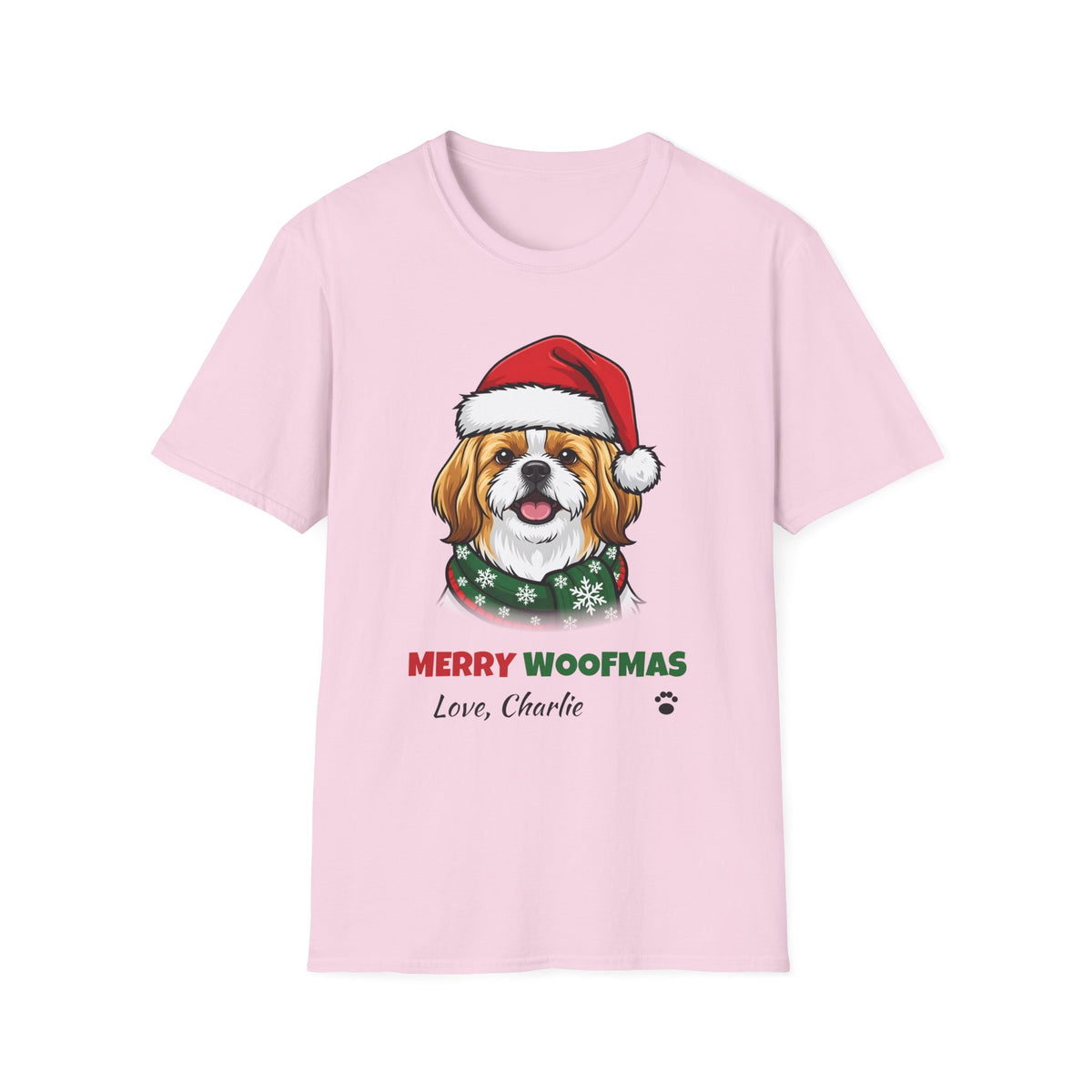 Merry Woofmas Shih Tzu Christmas t-shirt in Light Pink, front view