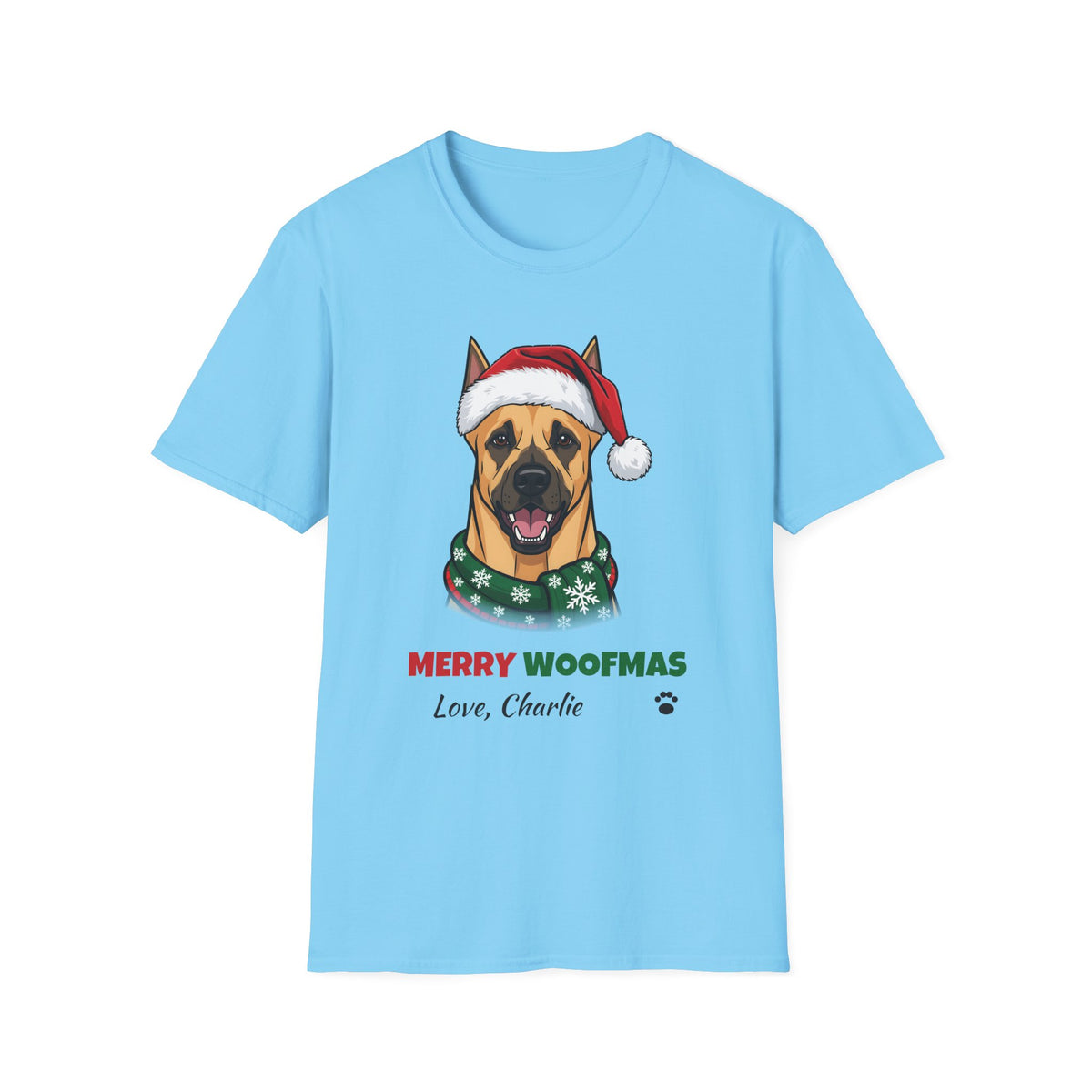 Merry Woofmas Great Dane Christmas t-shirt in Sky, front view