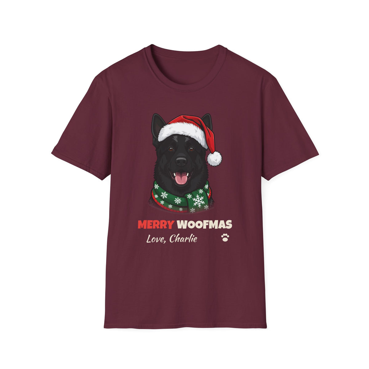Merry Woofmas Black German Shepherd Christmas t-shirt in Maroon, front view