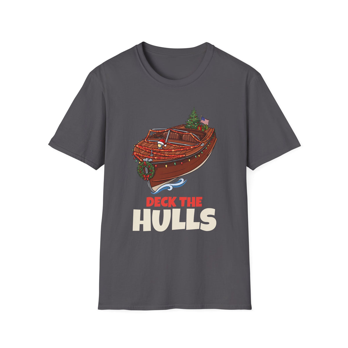Deck the Hulls Christmas t-shirt in Charcoal, front view