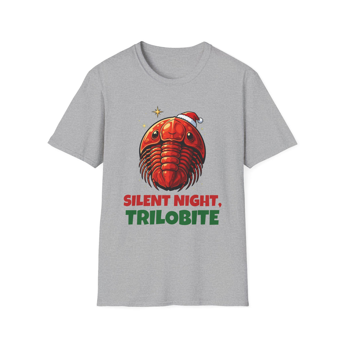 Silent Night, Trilobite Christmas t-shirt in Sport Gray, front view