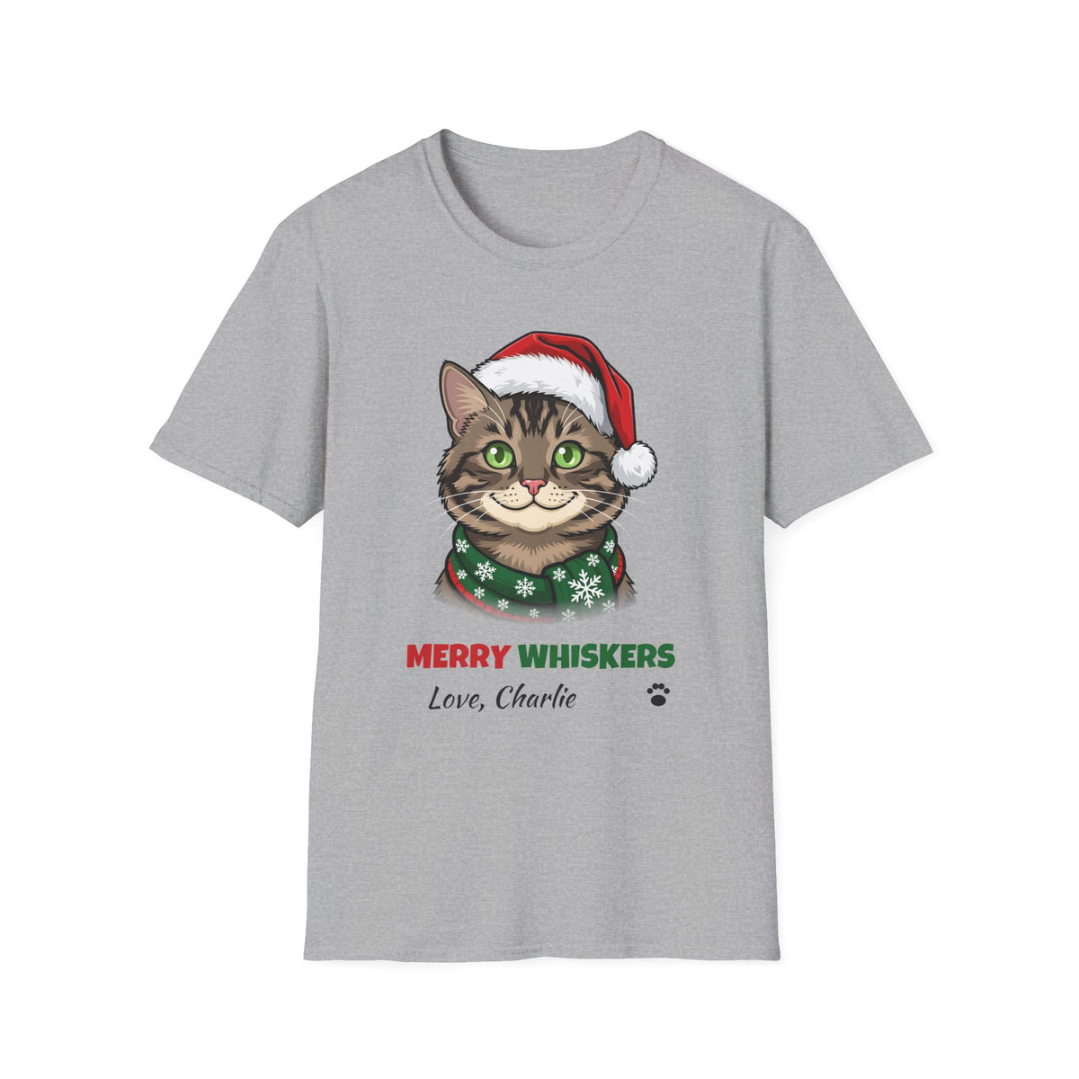 Merry Whiskers Brown Tabby Cat Christmas t-shirt in Sport Gray, front view