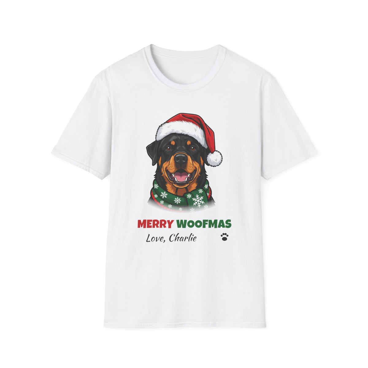 Merry Woofmas Rottweiler Christmas t-shirt in White, front view
