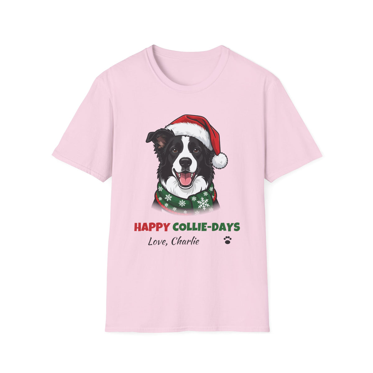 Happy Collie-Days Border Collie Christmas t-shirt in Light Pink, front view