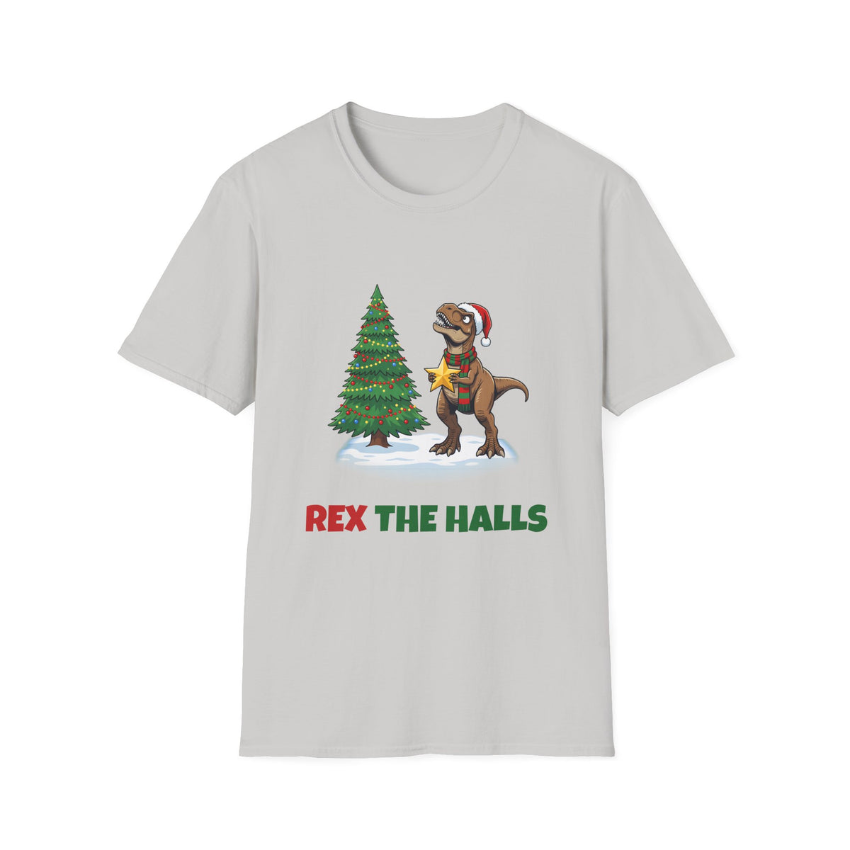 Rex the Halls Christmas t-shirt in Ice Gray, front view
