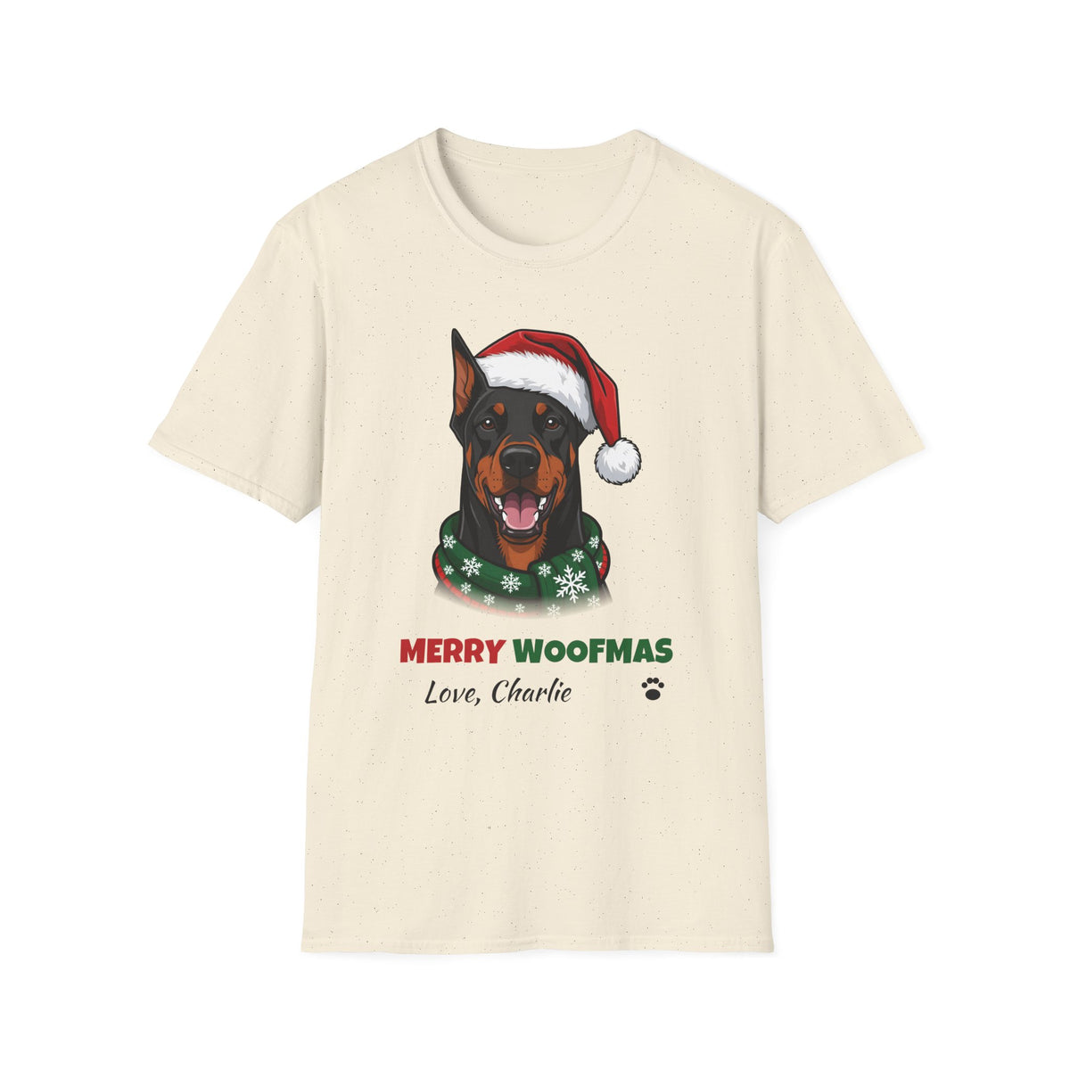 Merry Woofmas Doberman Christmas t-shirt in Natural, front view